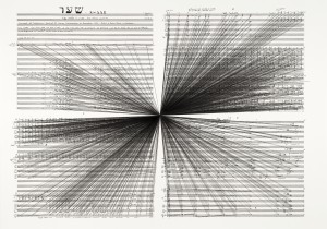 Marco Fusinato. Mass Black Implosion (Shaar, Iannis Xenakis), 2012. Ink on archival facsimile of score, Part 1 of 5 parts, 32.3 x 43.1" framed. Courtesy the artist and Anna Schwartz Gallery, Melbourne & Sydney